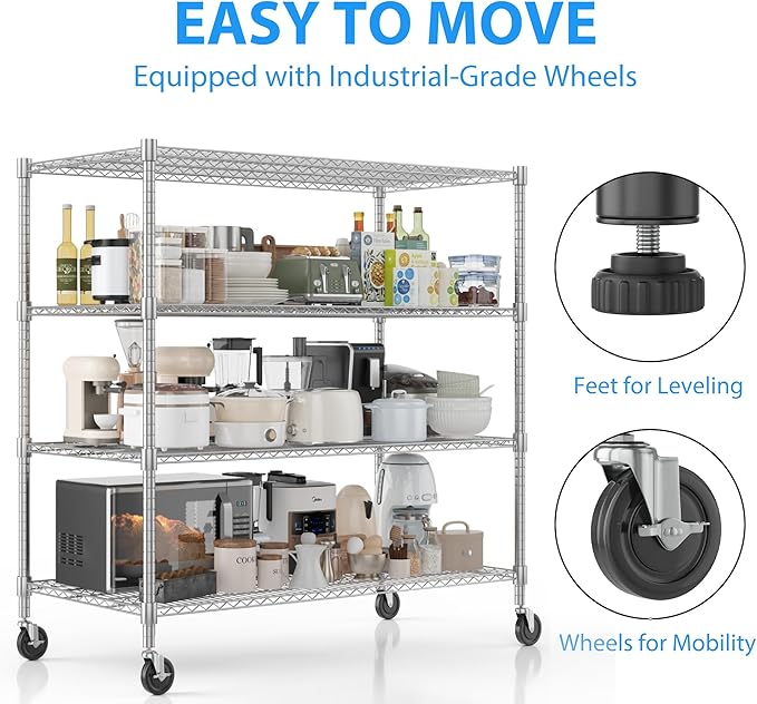 Homdox Heavy Duty Metal Shelves for Storage, 4 Tier Storage Racks and Shelving, Commercial Adjustable Wire Shelving Unit on Wheels, Garage Rack Pantry Shelves Kitchen Shelving, 24"x60"x72", Chrome