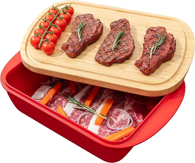 Marinade Container with Wood Lid Cutting Board, Grill Prep and Serve Tray, 2 Pcs Set, Stackable Melamine Serving Tray & Wood Platter, BBQ Prep Tub & Marinating Serving platters, Red