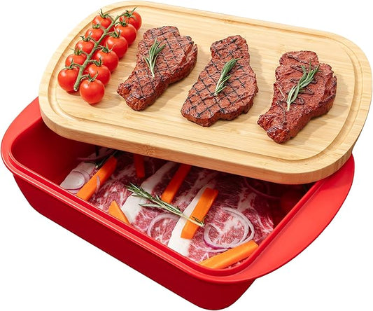 Marinade Container with Wood Lid Cutting Board, Grill Prep and Serve Tray, 2 Pcs Set, Stackable Melamine Serving Tray & Wood Platter, BBQ Prep Tub & Marinating Serving platters, Red