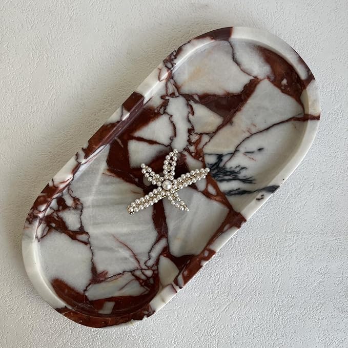 SAIDKOCC Natural Marble Oval Tray Ornaments Vintage Small Tray Storage Dish for Counter, Vanity, Dresser, Nightstand and Desk (Calacatta Red)