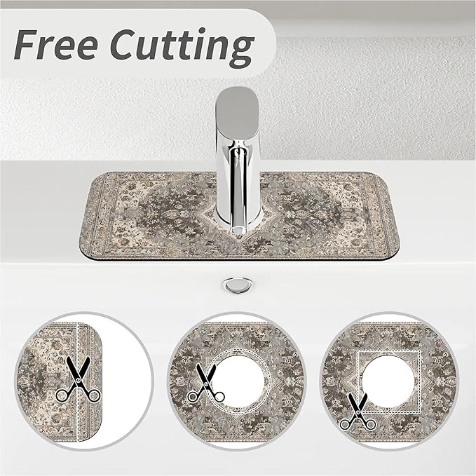 Kitchen Sink Splash Guard，Beige vintage Persian style Faucet Mat Sink Gadgets-Super Absorbent Fast Drying Mat Drip Catcher for Kitchen, Bathroom,Sink Mat, Dish Drying Mat, Bathroom(15" X 5.5" )