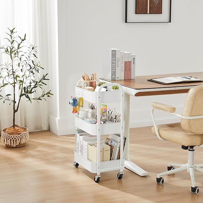 MAX Houser 3-Tier Rolling Utility Cart with Caster Wheels,Easy Assembly, for Kitchen, Bathroom (White)