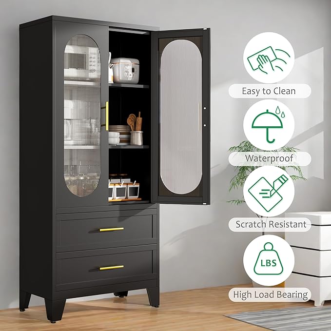 pozdeg Metal Garage Storage Cabinet, Kitchen Pantry Storage Cabinet with 2 Drawers and 2 Adjustable Shelves Versatile Storage for Homes Offices Gym Basement Warehouse (Black)