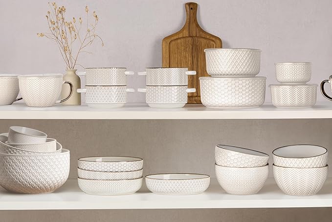 KooK Serving Bowls, with Lids, Ceramic Mixing Bowls, Nesting, Set of 4, Embossed, Kitchen, Prep, Stackable, Mix, Gift, Microwave and Dishwasher Safe, 10/16/29/47 oz, Narbonne Collection (Ivory)