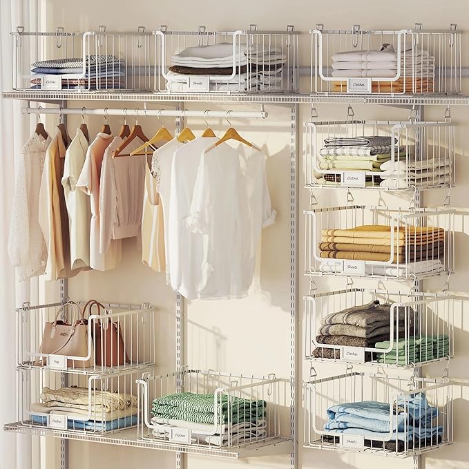5-Tier Hanging Laundry Room Organizer with Label Cards,Foldable Wire Shelf Basket with 4 Rotating Hooks,Stacked Laundry Basket Organizer,Storage Rack for Laundry Rooms,Closet and Pantry-White