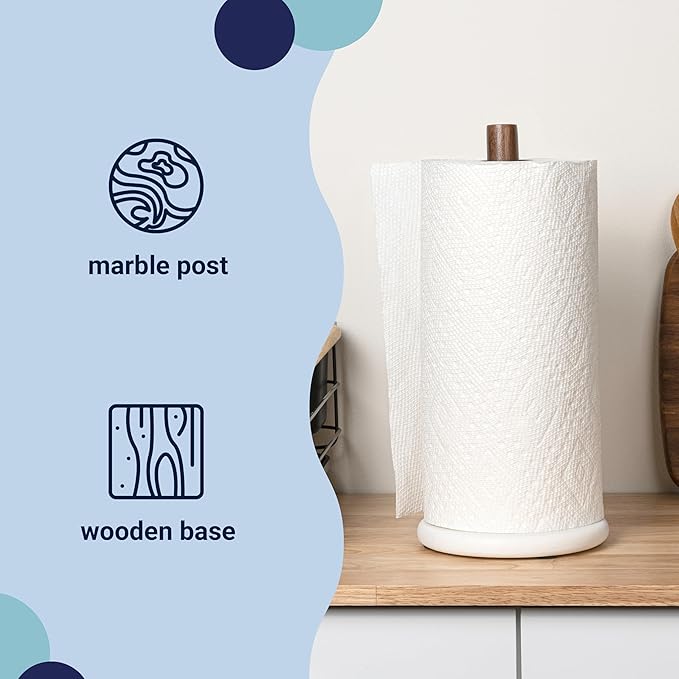 happimess PRH2000B Avery Modern Classic Wood with Non Slip Weighted Marble Base Paper Towel Holder, for Bathroom Kitchen Countertop, Standard or Jumbo-Sized Roll Paper, White/Natural