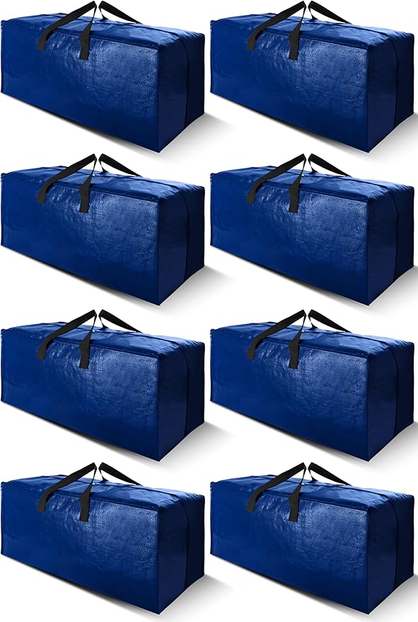 Cosy Family 8 Pack Heavy Duty Extra Large Moving Bags with Backpack Straps - Strong Handles & Zippers, Storage Totes For Space Saving, Fold Flat, Alternative to Moving Box (Set of 8, Blue)