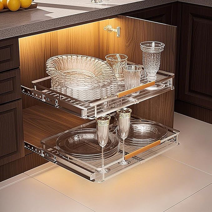 taiheis 2 Pack Expandable Pull Out Cabinet Organizer，Side Mounting 16.3~26.3"x17.3"Cabinet Pull Out Shelves, Expandable Slide Out Spice Rack for Kitchen Bathroom Office