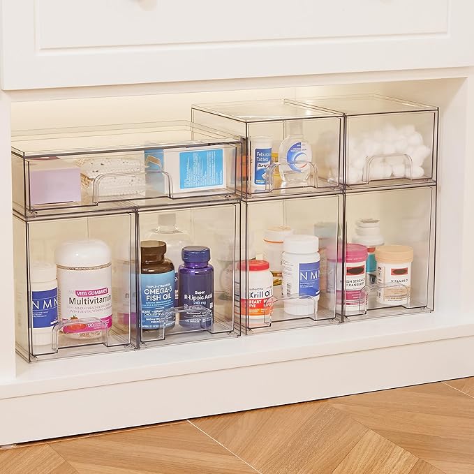 Vtopmart Clear Stackable Storage Drawers Set of 4, Plastic Organizer Bins for Makeup, Cosmetics, Beauty Supplies,Ideal for Vanity, Bathroom,Cabinet,Pantry Organization