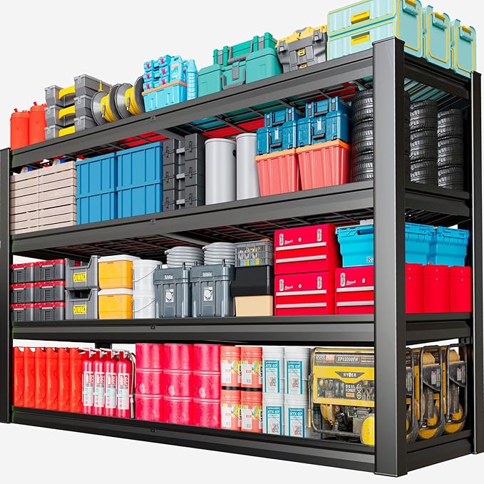 68" Wide Heavy Duty Garage Shelving Units, 4-Tier Deep Storage Shelves,Black Metal Garage Shelves,Steel Shelf,Large Storage Rack,Industrial Shelving for Shop, 68" W x 24" D x 68" H