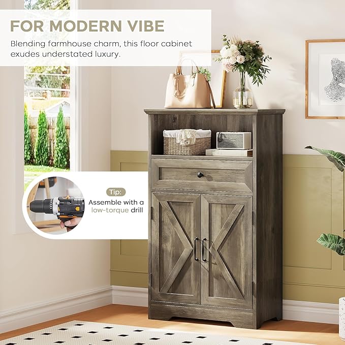 Viroformo Floor Cabinet, Farmhouse Storage Cabinet with Barn Doors and Drawer, 11.81" D x 23.62" W x 39.37" H Grey Freestanding Adjustable Shelf Organizer for Bathroom, Kitchen, Living Room