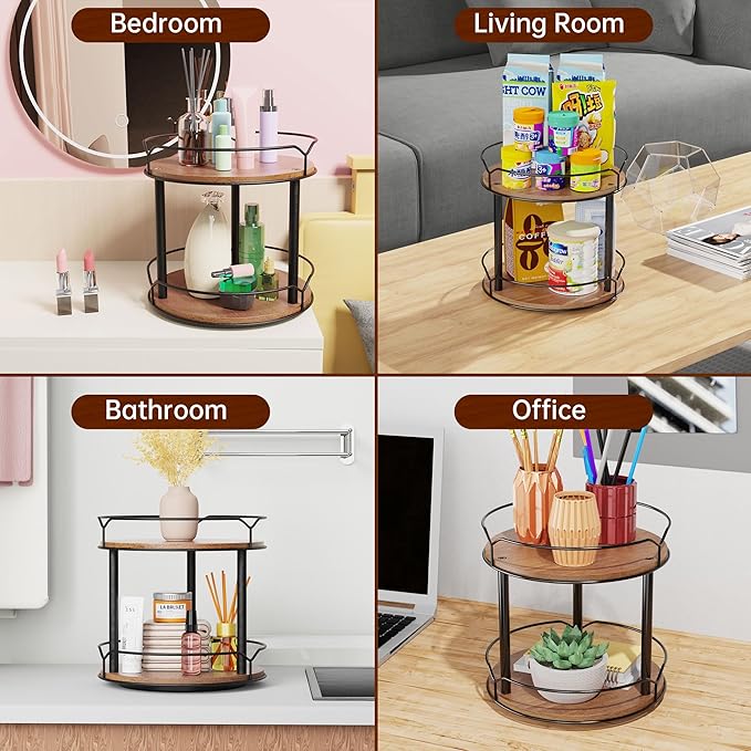 MUTUALUS Lazy Susan Organizer 2 Tier - Turntable Spice Rack for Table Top, Wooden Rotating Lazy Susan for Cabinet Pantry Kitchen Countertop Dining Table Cupboard Bathroom Vanity Storage