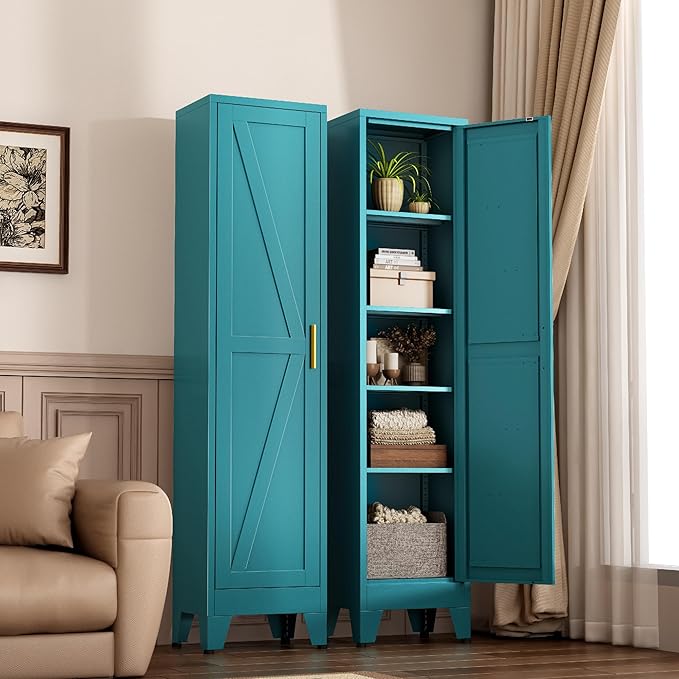 YAUWOH Narrow Metal Cabinet with 4 Adjustable Shelves and Barn Doors,Tall Bathroom Storage Cabinet, Metal Pantry Organizer for Kitchen,Home Office, Dining Room,Blue