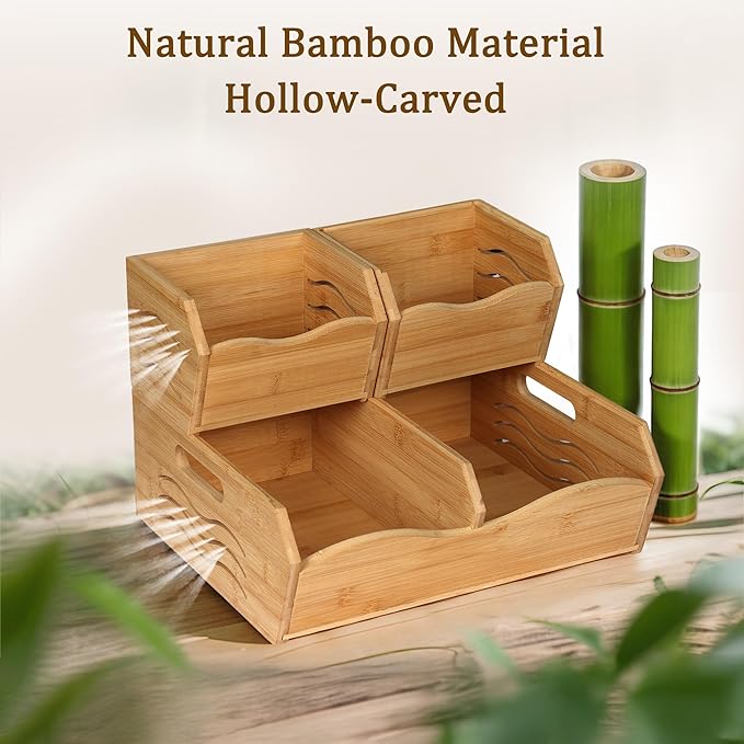 3 Pieces Bamboo Pantry Storage Bins, Stackable Pantry Baskets with Handle, Kitchen Potato and Onion Storage Bin, 2 Tiers Pantry Organizer for Produce, Fruits, Vegetable