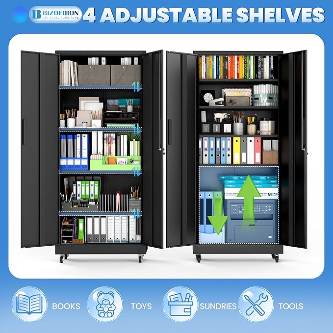 BIZOEIRON Garage Metal Storage Cabinet with Lock, 71'' Tall Storage Cabinet with Adjustable Shelves and Doors, Rolling Tool Cabinet on Wheels for Garage, Utility Room