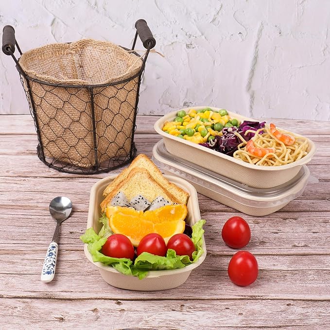 JAYEEY 17 oz Disposable salad bowls with lids, Sugarcane Fiber Paper Bowls take away Bagasse food containers meal prep deli container 50 Pack