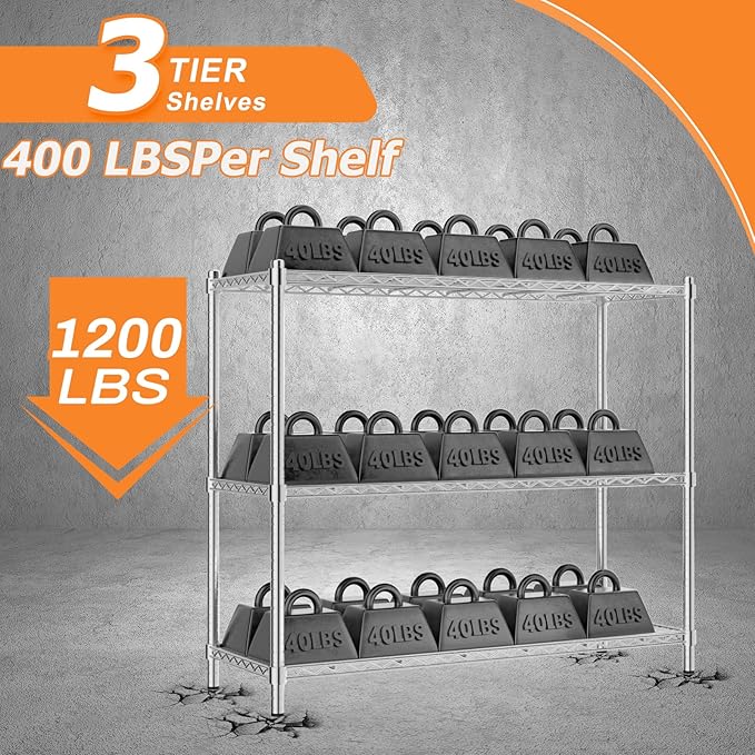 Storage Shelves Heavy Duty, 48" W x 20" D x 47" H Garage Wire Shelving Unit Loads 1200LBS, 3-Tier Adjustable Metal Industrial Utility Shelf Rack for Kitchen, Laundry Room, Pantry, Warehouse, Basement