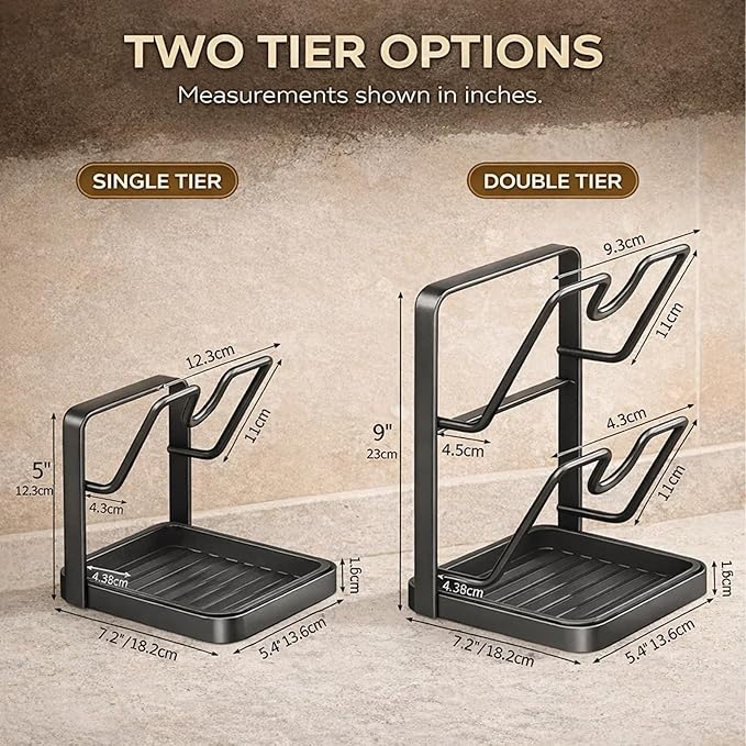 Kitchen Pot Lid Holder While Cooking, Multifunctional Kitchen Pot Lid Storage Rack with Tray, Carbon Steel Pot Lid Organizer Rack for Counter, Space-Saving, Prevent Messes, for Pans & Lids (StyleB)