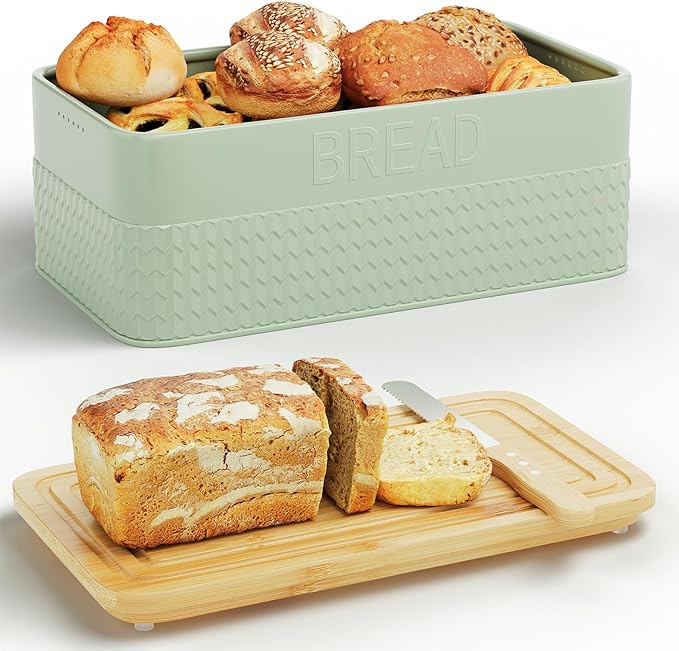 Bread Box for Kitchen Countertop,Metal Bread Storage Bin with Bamboo Cutting Board Lid, Includes Bread Knife, Fits Sourdough & Buns, Stylish Organize (Green)