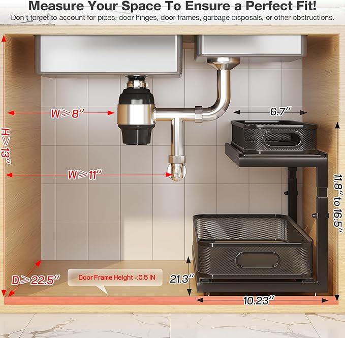 Biboraya 2-Pack 21.3 IN Depth Under Sink Organizer With Next-Gen Ball-Bearing Slides,Sophisticated Mesh 2-Tier Pull Out Shelf for Kitchen & Bathroom,Fits Small Items-Black