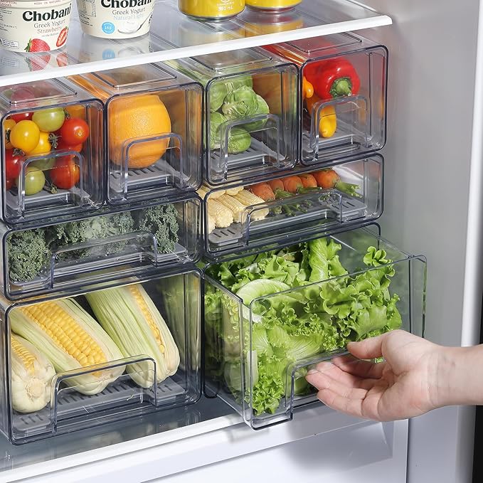 Pull Out Clear Fridge Organizer Drawers with Drainer, Refrigerator Stackable Storage Bins for Kitchen Fruit & Veggie Organization (2PCS, Medium)