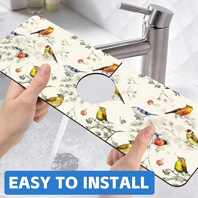 Vintage Watercolor Birds Dish Drying Mat for Kitchen Sink Splash Guard Behind Faucet Sink Mat Absorbent Fast Drying Faucet Draining Mat for Bathroom Kitchen 5.5"×15"