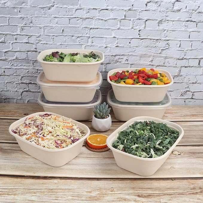 JAYEEY 44 oz Disposable salad bowls with lids, Sugarcane Fiber Paper Bowls take away Bagasse food containers meal prep deli container 50 Pack