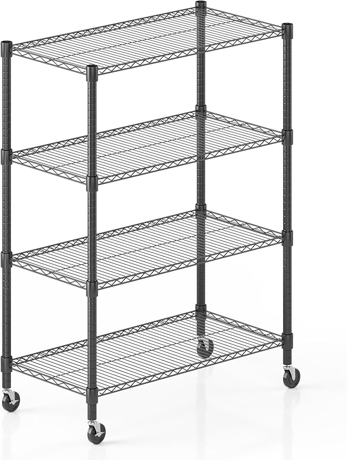 Homdox Heavy Duty Metal Shelves for Storage, 4 Tier Storage Racks and Shelving, Commercial Adjustable Wire Shelving Unit on Wheels, Garage Rack Pantry Shelves Kitchen Shelving, 18"x36"x72", Black