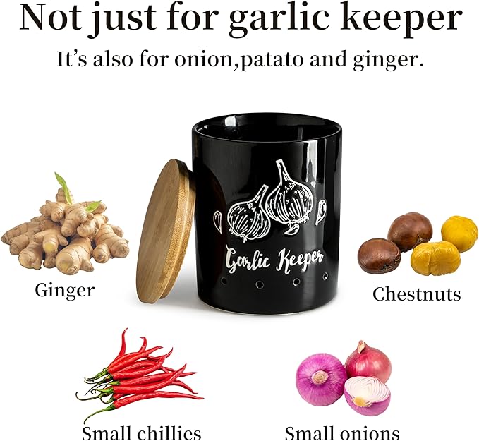 LYEOBOH Garlic Keeper, Garlic Storage, Garlic Holder, Ceramic Garlic Container with Wood Lid, Farmhouse Garlic Keeper for Counter, Garlic Saver for Kitchen, Black