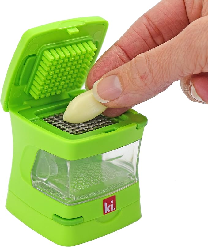 Kitchen Innovations Garlic-A-Peel Garlic Press, Crusher, Cutter, Mincer, and Storage Container - Includes Silicone Garlic Peeler - Easy to Clean - Stainless Steel Blades – (Green), standard