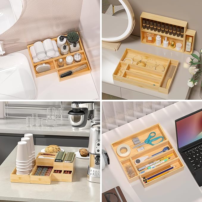 Greatseas Kitchen Drawer Organizer Bins, Stackable Bamboo Deep Drawer Organizer for Silverware, Utensils, Cutlery, Flatware, Junk Drawer, Dresser, Bathroom, 15" x 6" x 2.5" (Set of 2)