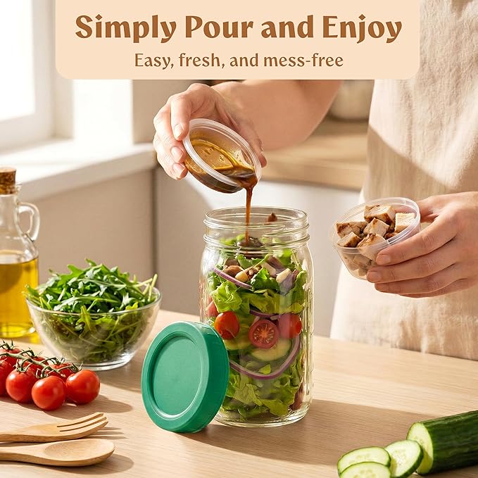 4 Pack Glass Salad Jars with Lids for Meal Prep, Leakproof Container with Two Small Built in Cups for Wet/Dry Separation for Salad Dressing and Ingredients, 32oz Mason Jars (Dark Green)
