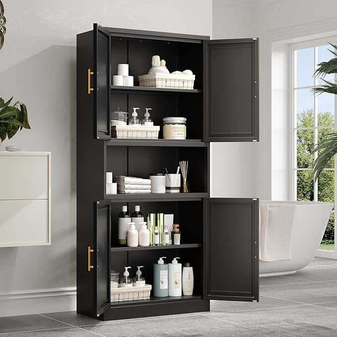 pozdeg 61.02" Kitchen Pantry Cabinet, Large Metal Storage Cabinet with 4 Doors and 1 Open Storage Compartment, Corner Display Organizer with 2 Adjustable Shelves for Kitchen Bedroom or Hallways