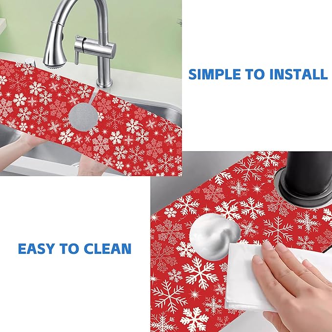 Christmas Snowflake Kitchen Sink Splash Guard Mat Absorbent Fast Drying Mat Faucet Draining Mat Sink Splash Guard Behind Faucet Drip Catcher for Kitchen Bathroom 5.5"×24"