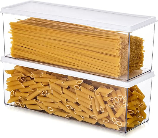 Hanobe Pasta Containers for Pantry Large Spaghetti & Noodle & Lasagna Canister 2 Pcs Clear Grey Rectangular Canister with Lock Lids Durable BPA-Free Plastic Food Keeper for Fridge Kitchen Cabinet