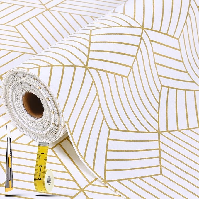 Shelf Liners for Kitchen Cabinets 17.5in x 20FT, Non Adhesive Cabinet Liner Strong Non-Slip Thickened Gold Geometric Drawer Liner, Easy to Clean for Shelf, Cabinet with Knife and Tape Measure