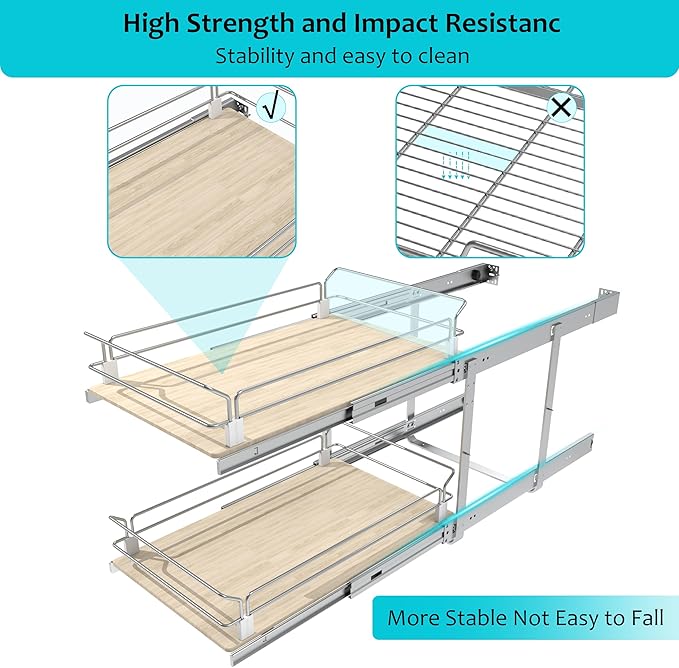 2 Tier Pull Out Cabinet Organizer 15" W X 22" D, Slide Out Drawers For Kitchen Cabinets, Pull Out Drawers For Cabinets Capacity Heavy Duty Caddy, Cabinet Pullout Shelves Wood Chrome, Pantry Storage