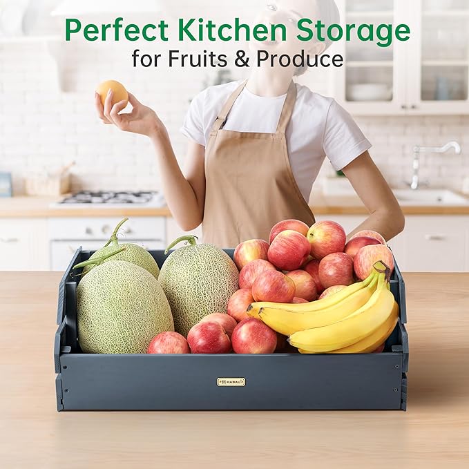 HABAU Potato Onion Storage Bin - Wood Stackable Produce Basket with Handles - Fruit and Vegetable Storage for Kitchen and Pantry Counter Organization - 1 Pack