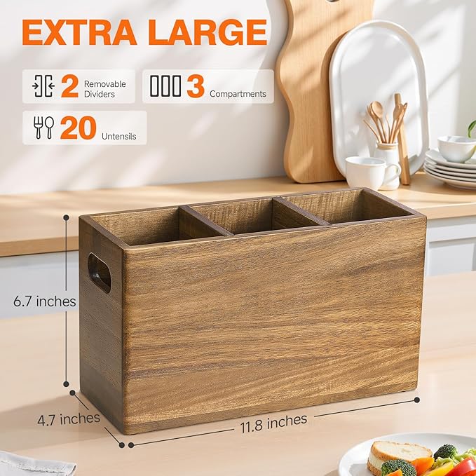 ONEARF Wooden Utensil Holder Counter, Kitchen Utensil Organizer Large 3 Compartment Cooking Utensils Holder, Acacia Rustic Wood Farmhouse Storage Container Crocks for Silverware and Cooker Set