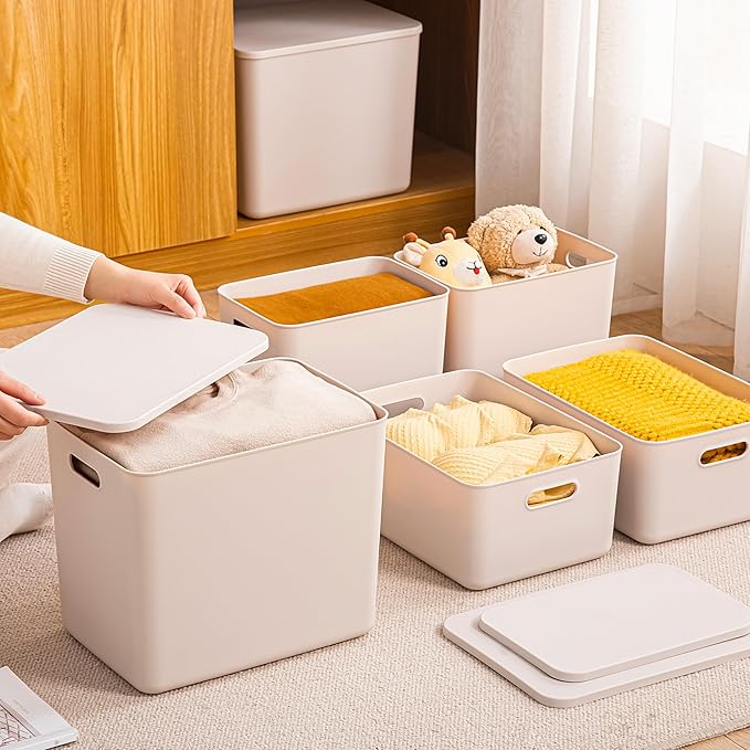 GUMEIGODA Plastic Storage Bins with lids,Storage Baskets,Container with handle,Storage Organizer Bins for Shelves,Office,Bedrooms,Closets, Cabinets(Grey，4XL)