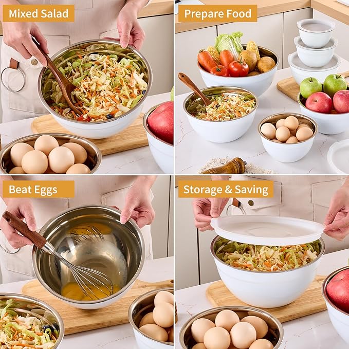 Moxinox White Mixing Bowls with Airtight Lids, Stainless Steel Nesting Mixing Bowls Set of 7, Ideal for Baking, Prepping and Serving Food, Size 7, 3.6, 2.7, 2.1, 1.5, 1.1,0.8 QT, Stackable Design