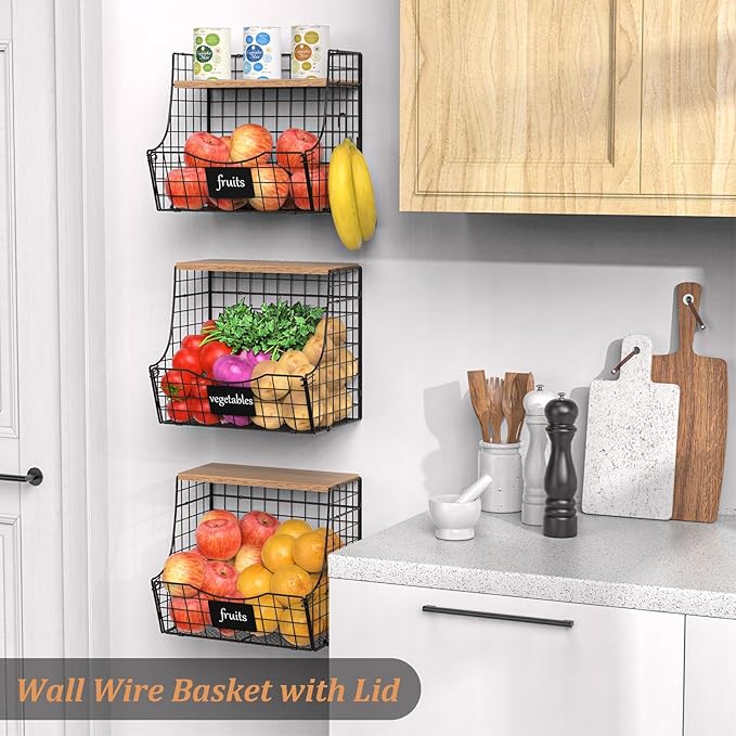 3 Pack Fruit Basket for Kitchen with Wood Lid - Counter&Wall Mounted Onion and Potato Storage with Nameplate, Stackable Storage Basket, Hanging Metal Wire Baskets Kitchen Countertop Organizer Pantry