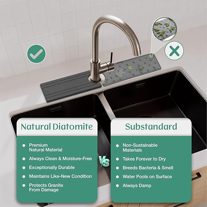 Stone Faucet Mat for Kitchen Sink Splash Guard 15.7" x 3.9" with 2.5" Center Hole | Dark Grey Diatomite Drying Stone Mat | Non-Slip Stone Tray for Kitchen Counter with Premium Texture