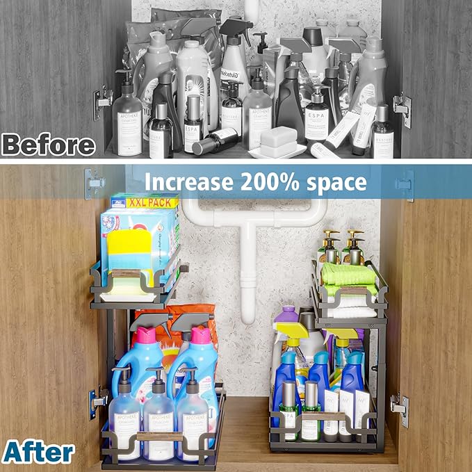 BXINREDA Under Sink Organizers, 2 Tier Slide Out Under Sink Organizers, Under Sink Storage for Bathroom Kitchen (1 Pack)