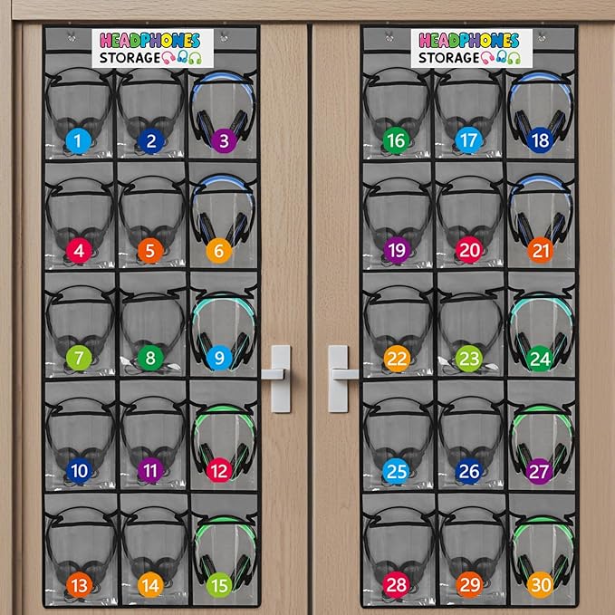 2 Pack Classroom Headphone Storage Organizer with 30 Pockets, PVC Clear Classroom Pocket Chart for Headphone Cell Phone Over-the-Door Hanging Headphone Holder Bag with 62 Labels(Grey)