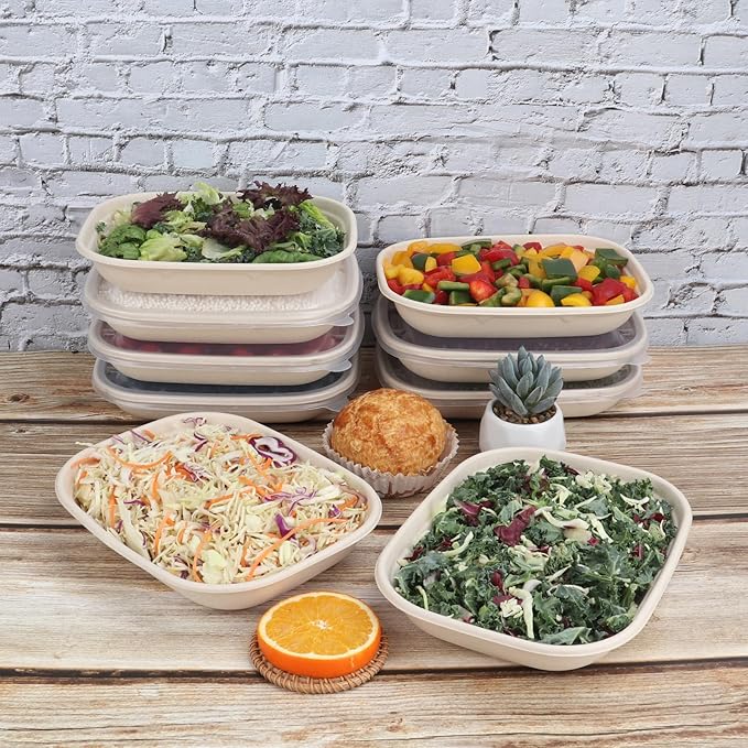 JAYEEY 28 oz Disposable salad bowls with lids, Sugarcane Fiber paper Bowls take away Bagasse food containers meal prep food storage deli container 50 Pack
