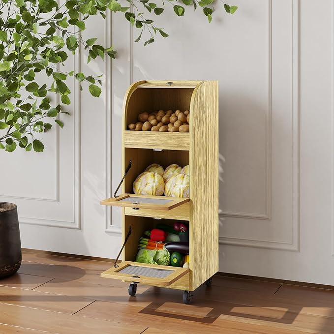 Potato Storage Bin Movable Bread Box with Lid Rustic and Wheels Onion Organizer with Grocery Section Decorative Vegetable Organization Cabinet for Kitchen (Natural)