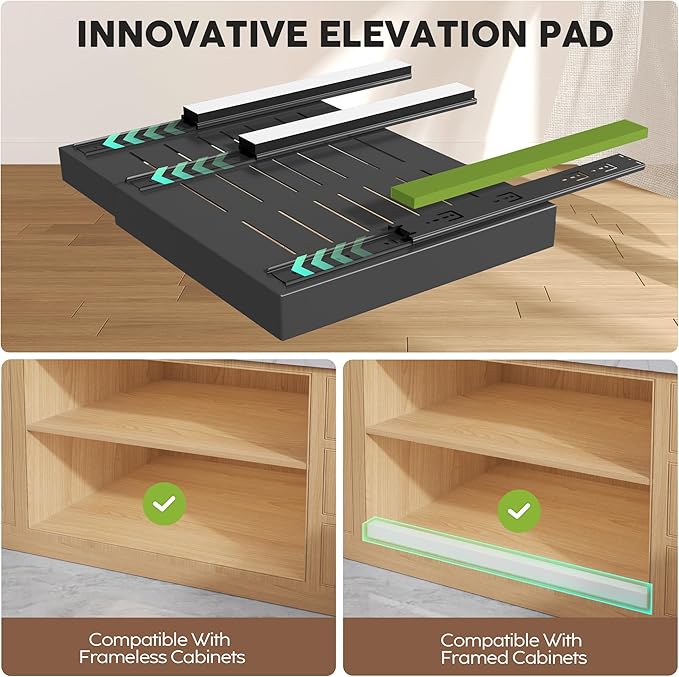2 Pack Pull Out Cabinet Organizers 21" Deep With Raising Pad for Framed Cabinets, Expandable Width (15.2"-26.3") Slide Out Drawers Upgrade 3 Slide Rails, Roll Out Shelves Adhesive, Black