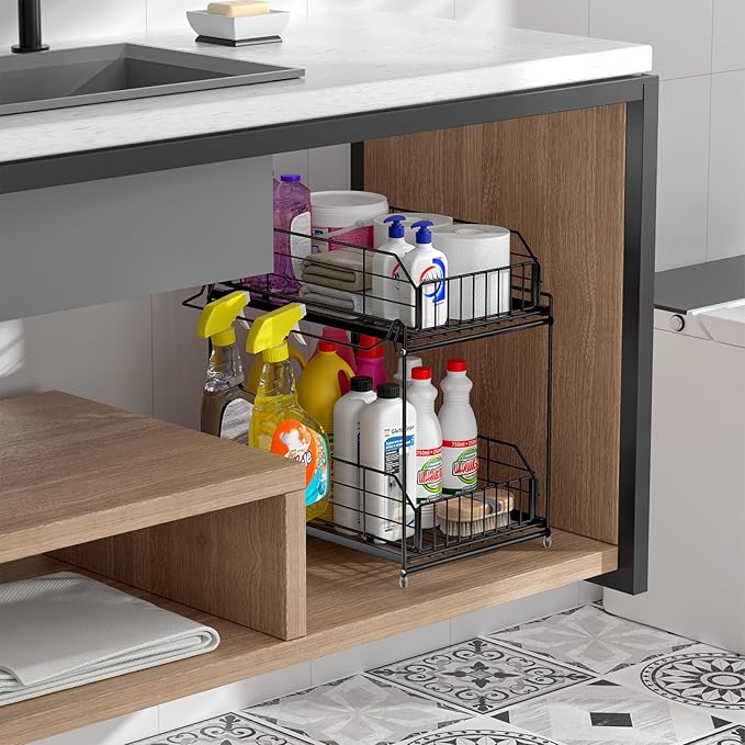SUEH DESIGN Under Sink Organizer, 2 Tier Bathroom Cabinet Organizer Metal Kitchen Sink Organzier with Hanging Rail for Kitchen Bathroom Organization and Storage, 1 Pack
