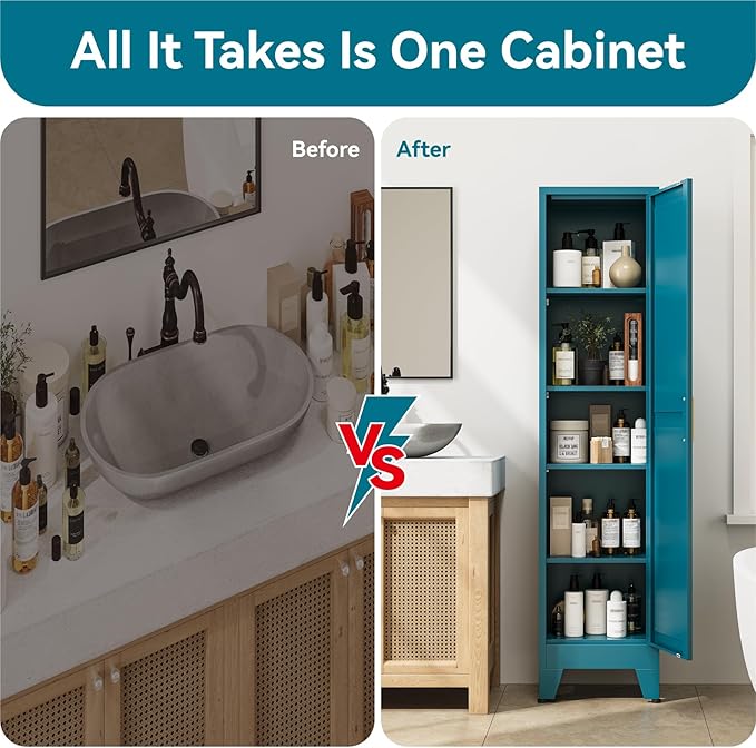 YNIQUESTLE 67" Tall Storage Cabinet with Reversible Doors and Adjustable Shelves,Metal Slim Freestanding Cabinets for Bathroom Kitchen Garage Small Spaces,Blue,5-Tier